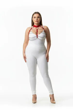 Plus Size Red Women's Leather Harness Suit Chain Detailed Stylish Accessory - APFT1285
