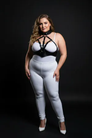 Plus Size Black Women's Leather Harness Suit High Collar Combination Accessory - APFT1286