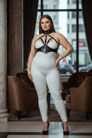 Plus Size Black Women's Leather Harness Suit High Collar Combination Accessory - APFT1286