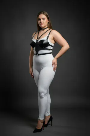 Plus Size Black Women's Leather Chest Harness Set Choker Detailed Fancy Accessory - APFT1296