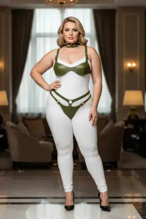 Plus Size Khaki Women's Harness Set with Leather Bra, Collar and Ring Detail Fancy Accessory - APFT1298