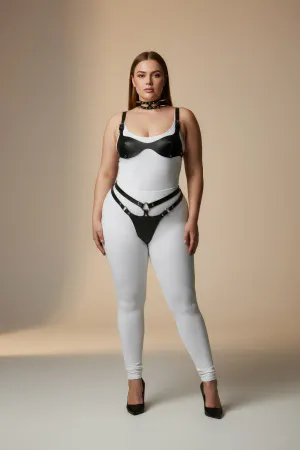Plus Size Black Women's Leather Harness Set with Collar and Ring Detail Fancy Accessory - APFT1298