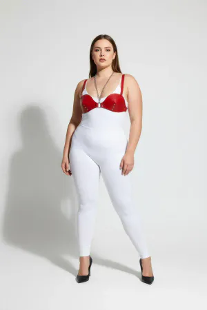 Plus Size Red Women's Leather Harness Set, Fancy Bra Accessory with Chain and Staple Detail - APFT1380