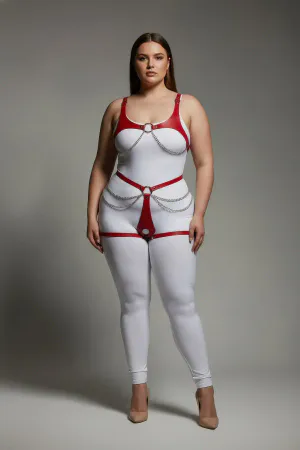 Plus Size Red Women's Leather Harness Suit Chain Detailed Body Accessory - APFT1384
