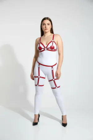 Plus Size Red Women's Garter Harness Leather Fantasy Clothing Set - APFT285