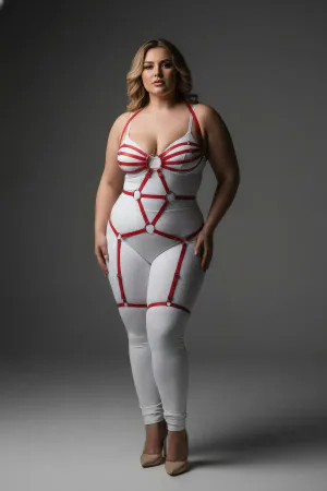 Plus Size Red Women's Garter Harness Full Body Ring Detailed Fantasy Accessory - APFT568