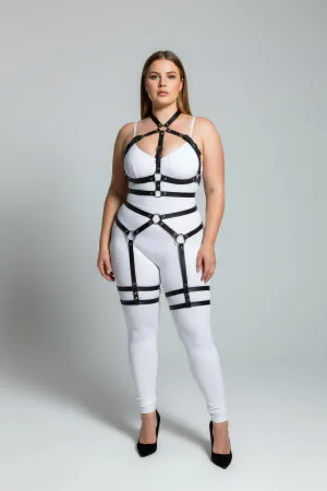 Plus Size Black Women's Leather Garter Harness Stylish Accessory with Waist and Leg Detail - APFT598