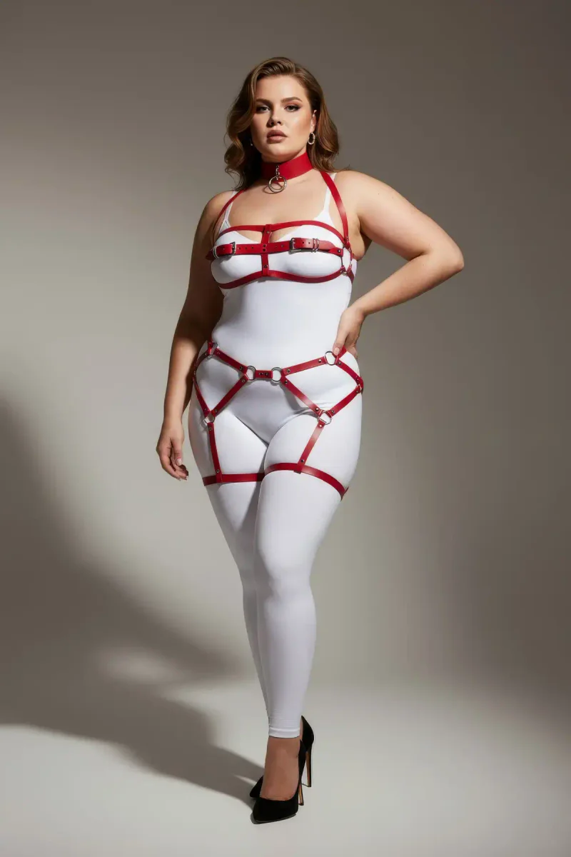 Red Faux Leather Body Harness Front View Adjustable Buckles and O-Rings