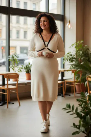 Large Size Black Women's Belt Leather Harness Combination Accessory with Minimal Ring Detail - APFT131