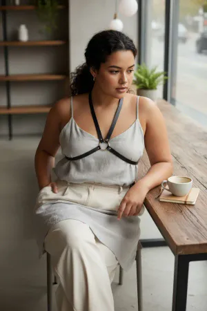 Large Size Black Women's Belt Leather Harness Combination Accessory with Minimal Ring Detail - APFT131