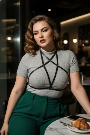 Large Size Black Women's Belt Star Detailed Leather Harness Body Accessory - APFT180