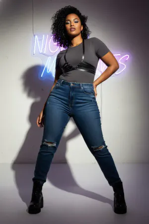 Plus Size Black Women's Belt Harness Style Corset Look Leather Body Accessory - APFT199