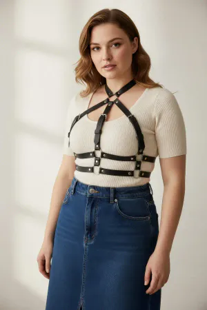 Plus Size Black Women's Belt Adjustable Leather Harness Body Accessory - APFT218