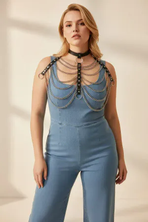 Plus Size Black Women's Belt Chain Detailed Leather Harness Body Accessory - APFT401