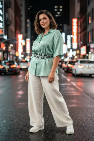 Plus Size Black Women's Belt Chain Ring Detailed Dress and Shirt Combination - APFT427