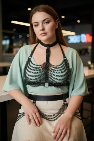 Large Size Black Leather Women's Belt Chain Detailed Body Accessory - APFT438