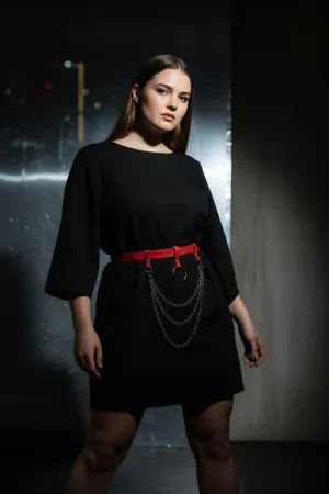 Plus Size Red Women's Belt with Ring Buckle and Chain Detail Leather Accessory - APFT484