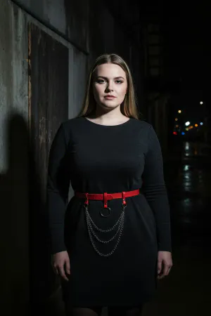 Plus Size Red Women's Belt with Ring Buckle and Chain Detail Leather Accessory - APFT484