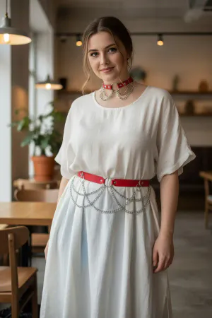 Plus Size Red Women's Belt Chain Detailed Stylish Leather Accessory - APFT506