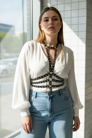 Plus Size Black Women's Belt, Riveted Leather Harness Body Accessory - APFT546