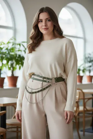 Plus Size Khaki Women's Belt Chain Detailed Multiple Straps Leather Look - APFT586