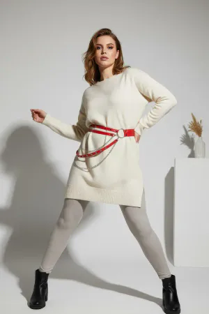 Plus Size Red Women's Belt Chain Detailed Leather Waist Accessory - APFT586