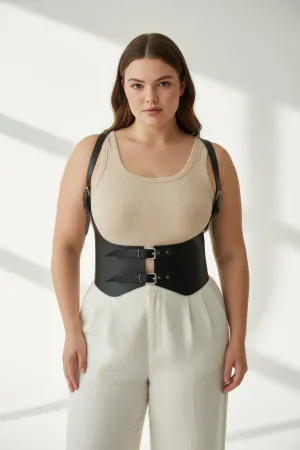 Plus Size Black Women's Leather Corset Belt with Shoulder Strap Combination Complement - APFT612