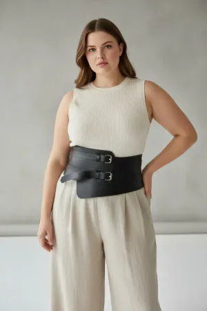 Plus Size Black Women's Leather Corsage Belt Double Buckle Waist Highlighting - APFT617