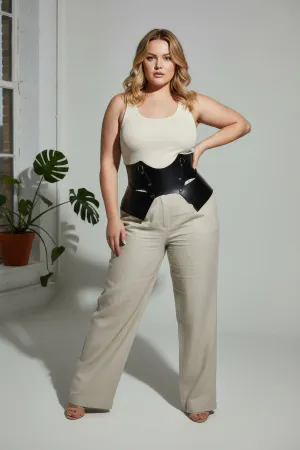 Plus Size Black Women's Belt with Corset Look and Wide Leather Ring Detail - APFT619