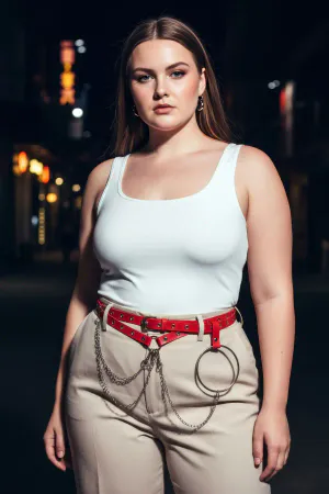 Plus Size Red Women's Belt with Multiple Straps, Chain and Ring Detail - APFT621