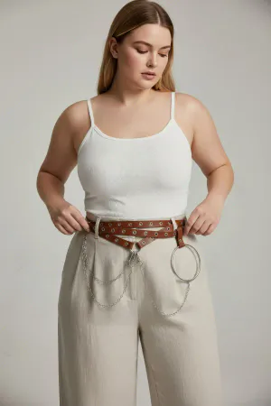 Plus Size Brown Women's Belt Chain Detailed Ring Dress Combination - APFT621