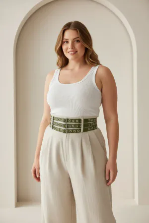 Plus Size Khaki Women's Thick Belt Double Row Bird Eye Detailed - APFT641