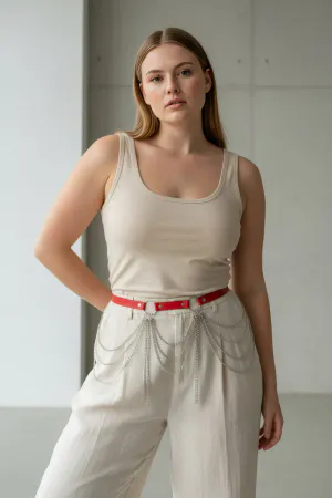 Large Size Red Women's Leather Belt with Chain Detail Outfit Accessory - APFT729