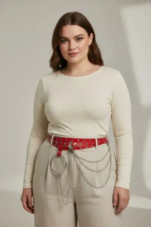 Plus Size Red Women's Belt with Chain and Ring Detail, Leather Look - APFT731