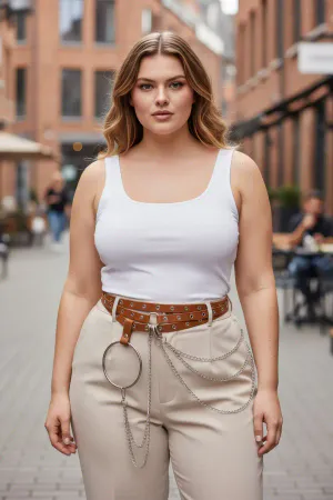 Plus Size Tan Women's Belt with Chain Detail and Link Trendy Design - APFT731