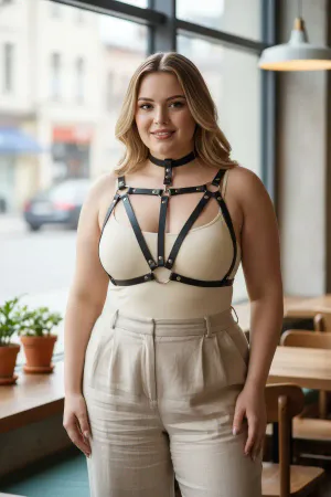 Plus Size Black Women's Belt Leather Body Accessory with Choker Detail - APFT747