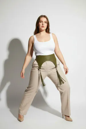 Plus Size Khaki Women's Belt Wide Leather with Tassel Detail - APFT755