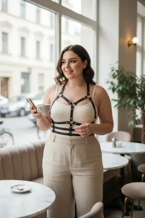 Plus Size Black Women's Belt Leather Harness with Metal Detail - APFT760