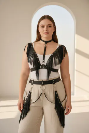 Plus Size Black Women's Belt Tasseled Leather Harness Body Accessory - APFT768