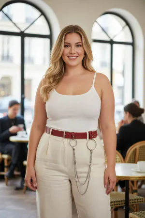 Plus Size Claret Red Women's Leather Belt with Ring and Chain Detail - APFT779