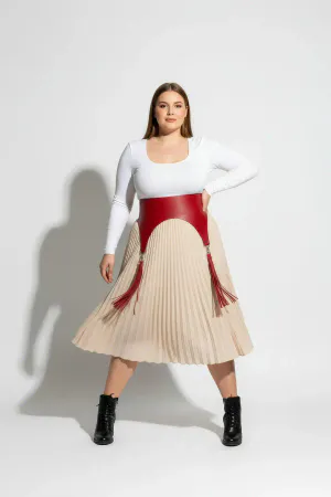 Plus Size Red Women's Belt Corsage Model with Tassel Detail - APFT788