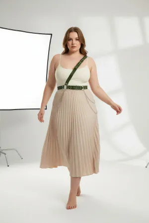 Plus Size Khaki Women's Leather Body Belt with Chain Detail - APFT813