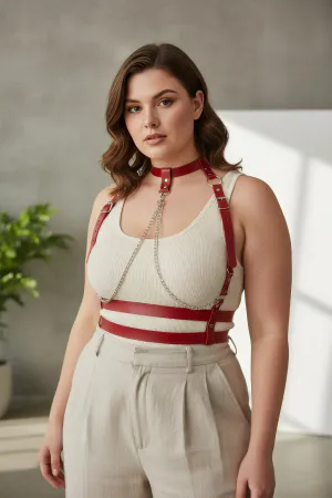 Plus Size Red Women's Belt Chain Detailed Leather Harness Body Accessory - APFT824