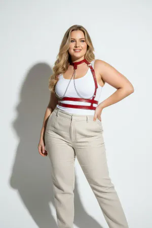 Plus Size Red Women's Belt Chain Detailed Leather Harness Body Accessory - APFT824