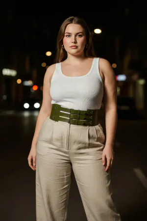 Plus Size Khaki Women's Leather Corset Belt, Thick Waist Accessory with Three Straps - APFT827