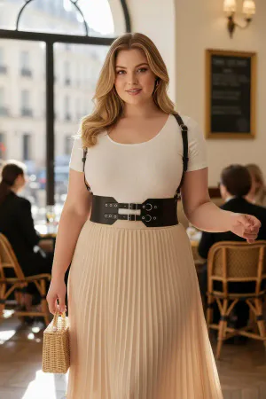 Plus Size Black Women's Leather Belt with Wide Corset Look Shoulder Strap - APFT853