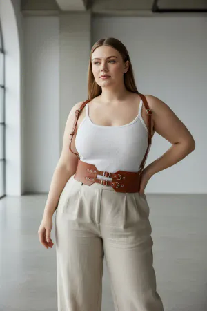 Plus Size Tan Women's Leather Belt Suspender Corset Style Double Buckle - APFT853