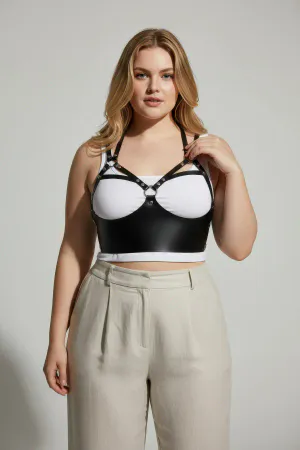 Plus Size Black Women's Belt & Ring Detailed Leather Bra Harness Body Accessory - APFT872
