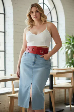 Plus Size Red Women's Belt Wide Corset Look with Double Buckle - APFT875