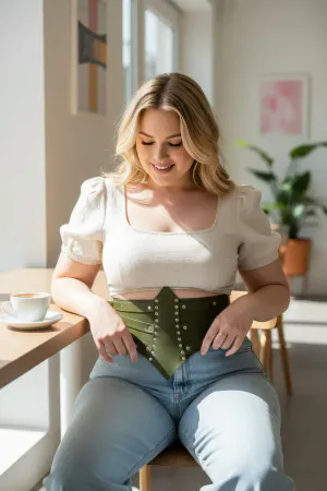 Plus Size Khaki Women's Corset Belt, Thick Waist Accessory with Staple Detail - APFT905